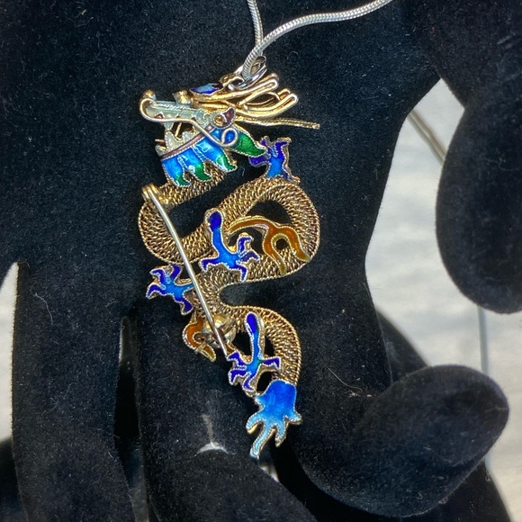 Antique CHINESE DRAGON Gold Gilt 925 Sterling Silver Cloisonné Brooch/Pendant. - Picture 13 of 15